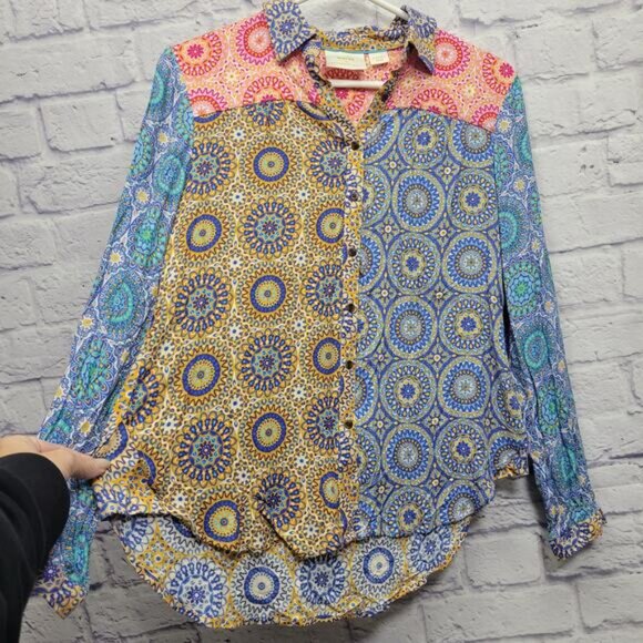 NWT Maeve Anthropologie Paz Buttondown Shirt Size XS Artsy Boho Patchwork Rayon - Picture 4 of 9